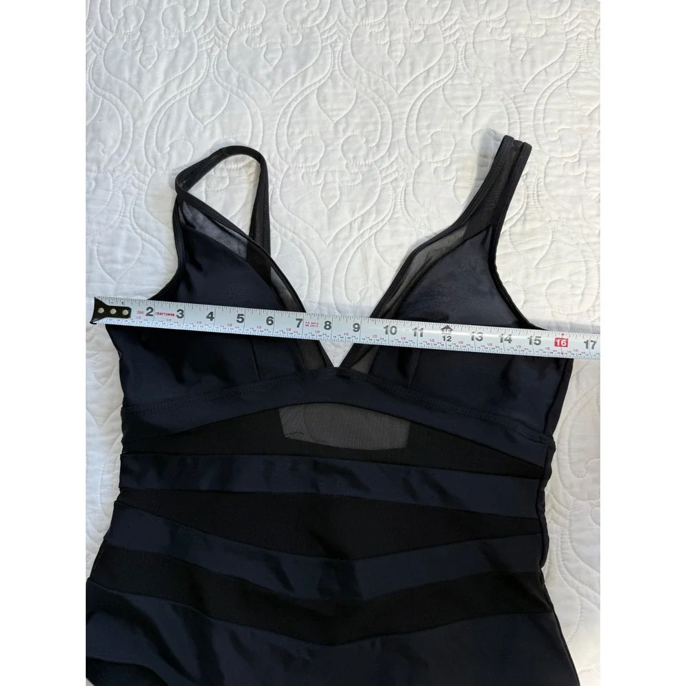Unbranded Navy Blue Black Mesh Panel V-Neck One Piece Swimsuit Women's Large EUC